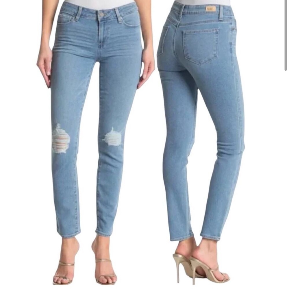 Paige Jeans Skyline Ankle Peg Distressed Ripped Knees Light Blue Wash Womens 28